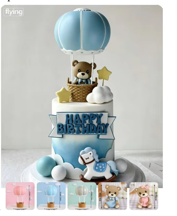 Taartdecoratie luchtballon met beertje - Roze of blauw