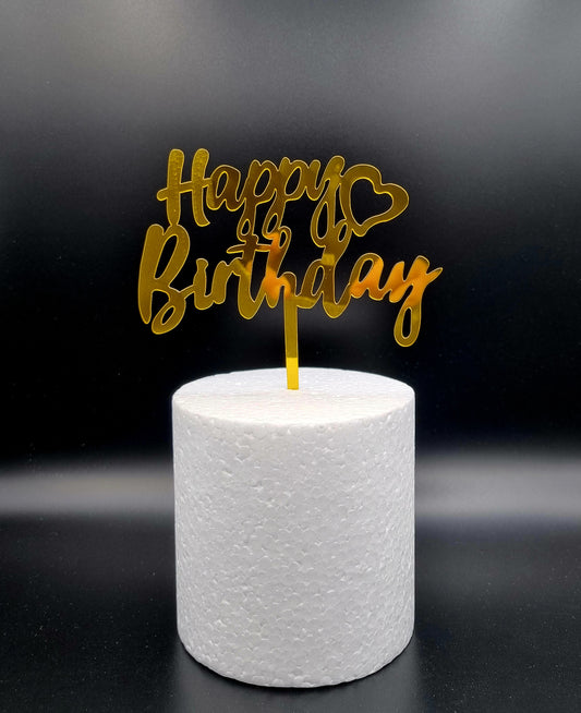 Taarttopper Happy Birthday Handgeschreven met Hartje – Goud