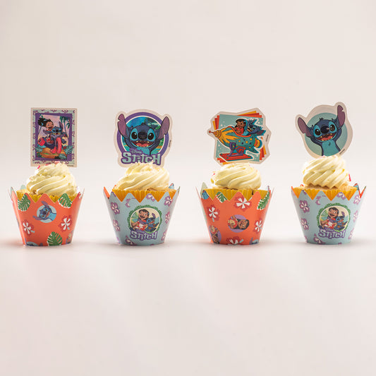 Stitch cupcake wrappers met toppers (12 stuks)