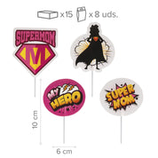 Moederdag - Papieren Caketoppers Supermom - 8 stuks - 4 designs