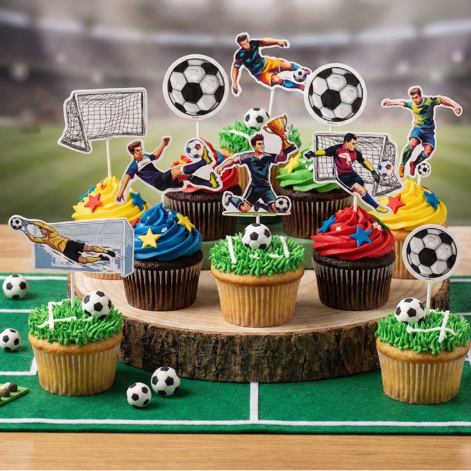 Voetbal Taartdecoratie Set - 16 Cupcake toppers - Voetballers, Doel & Voetbal