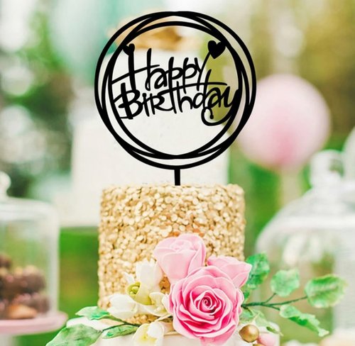 Taarttopper Happy Birthday Hartjes Cirkel – Zwart Acryl