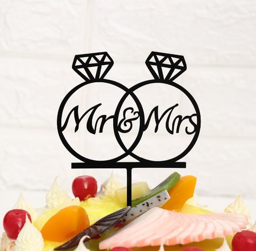 T-0084-Taart Decoratie - Bruiloft - Taarttopper - Mr & Mrs - Trouwringen