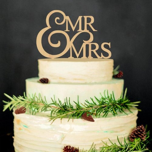 T-0087-Taart Decoratie - Bruiloft - Taarttopper - Mr & Mrs - Hout - Elegant