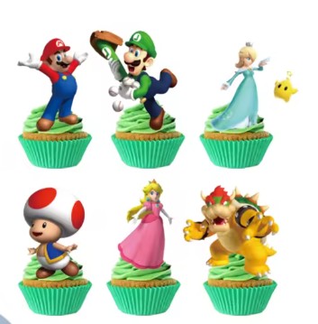 T-0194-Cupcake Decoratie - Mario Bros - Taarttopper - 24 stuks
