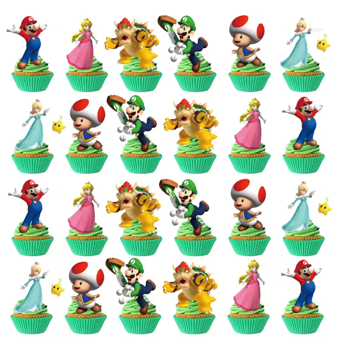 T-0194-Cupcake Decoratie - Mario Bros - Taarttopper - 24 stuks