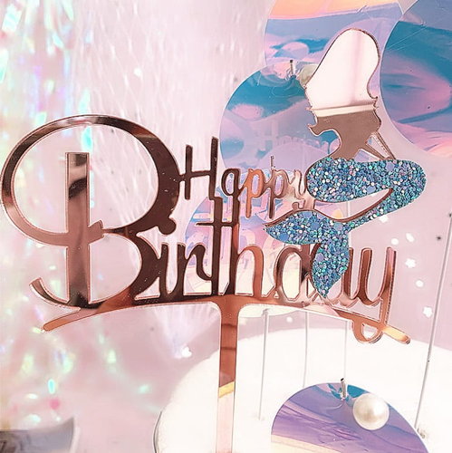 T-0240-Taart Decoratie Happy Birthday Taarttopper Rose Goud Zeemeermin