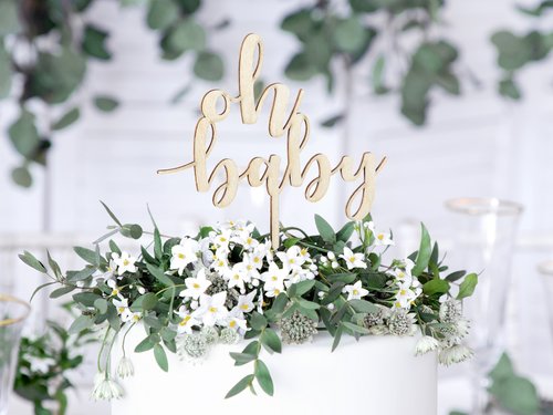 T-0243-PartyDeco Taarttopper Oh Baby Geboorte Hout