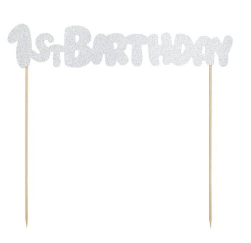 T-0246-PartyDeco Verjaardag Taarttopper 1st Birthday Zilver