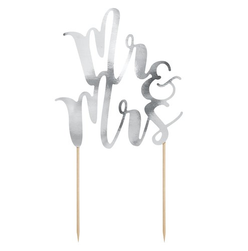 T-0248-PartyDeco Bruiloft Taarttopper Mr & Mrs Zilver
