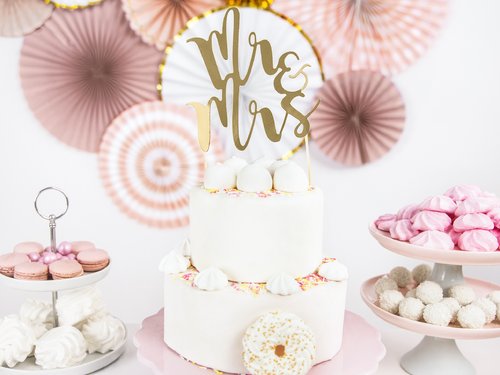 T-0249-PartyDeco Bruiloft Taarttopper Mr & Mrs Goud