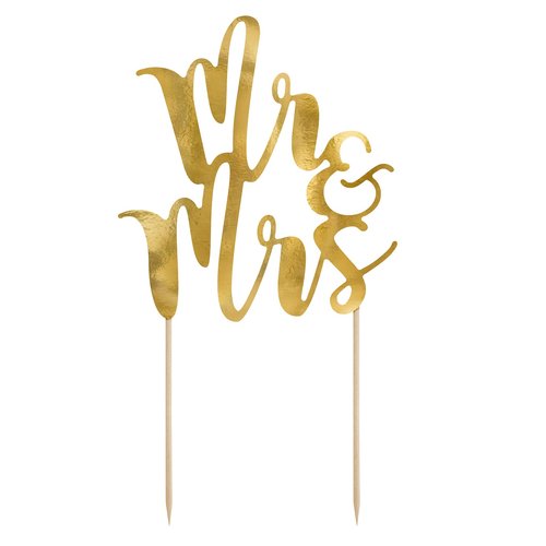 T-0249-PartyDeco Bruiloft Taarttopper Mr & Mrs Goud