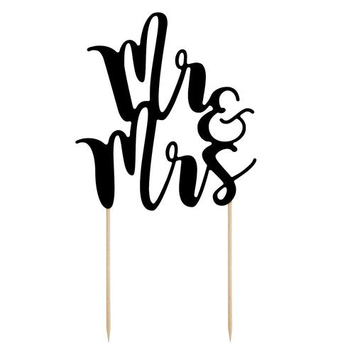 T-0250-PartyDeco Bruiloft Taarttopper Mr & Mrs Zwart