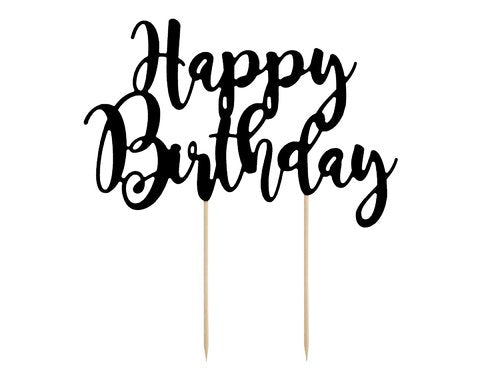 T-0251-PartyDeco Verjaardag Taarttopper Happy Birthday Zwart