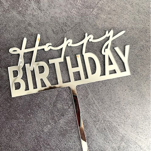 T-0338-Taart Decoratie - Happy Birthday - Taarttopper - Script - Zilver