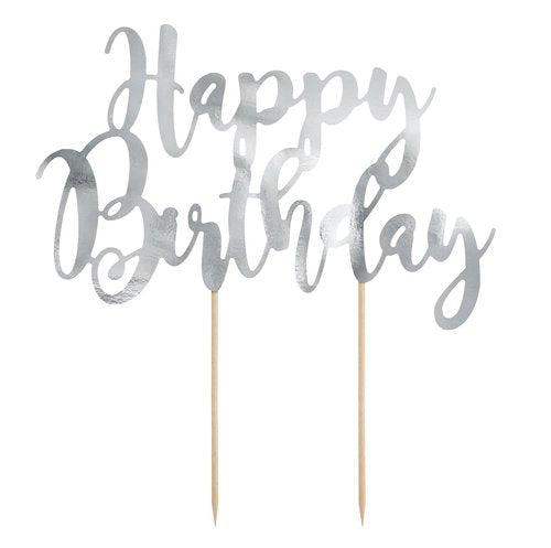 T-0358-PartyDeco Verjaardag Taarttopper Happy Birthday Zilver