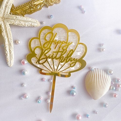 T-0374-Taart Decoratie - Verjaardag - Happy Birthday - Schelp - Goud