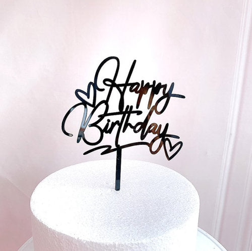 Taarttopper Happy Birthday Sierlijk met Hartjes – Zwart Acryl