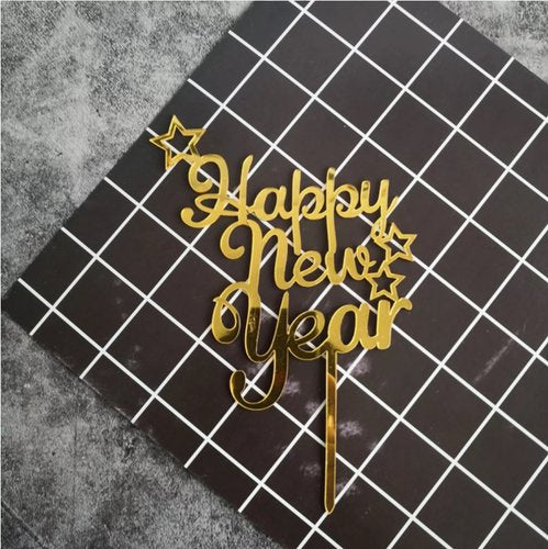 Taarttopper Happy New Year Sterren – Goud Acryl