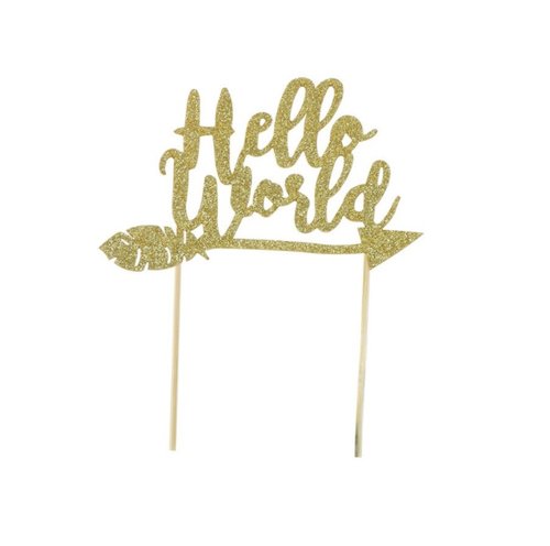 T-0406-Taart Decoratie - Hello World - Taarttopper - Pijl - Goud - Glitter