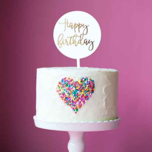 T-0412-Taart Decoratie - Happy Birthday - Cirkel - Verjaardag - Wit - Goud