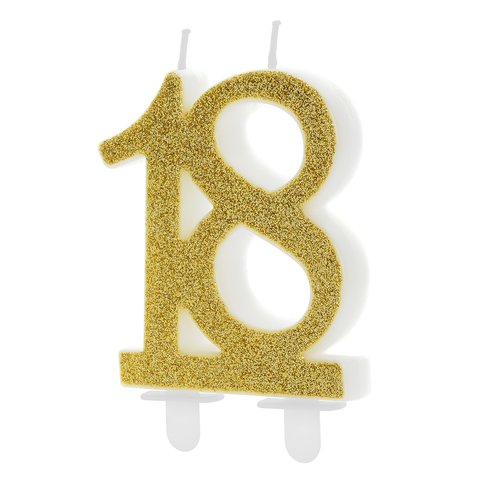 T-0436-PartyDeco Taartkaarsje Cijfer 18 Glitter Goud