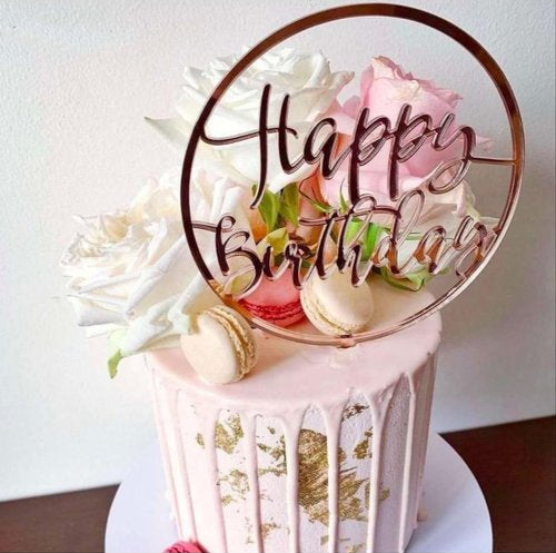 T-0457-Taart Decoratie - Happy Birthday - Taarttopper - Cirkel - Rose Goud