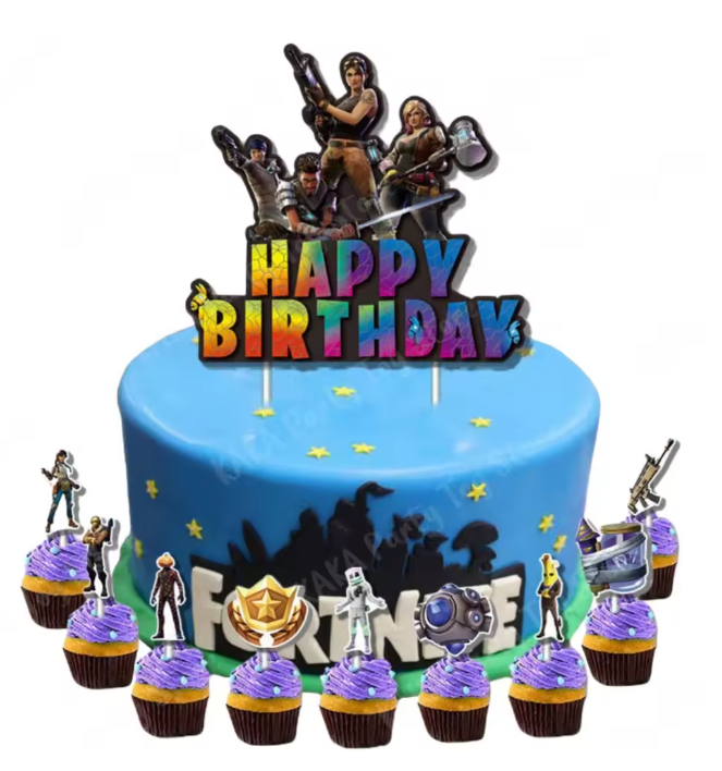 T-0471-Taart Decoratie Fortnite Taarttopper en Cupcake toppers set van 16 stuks