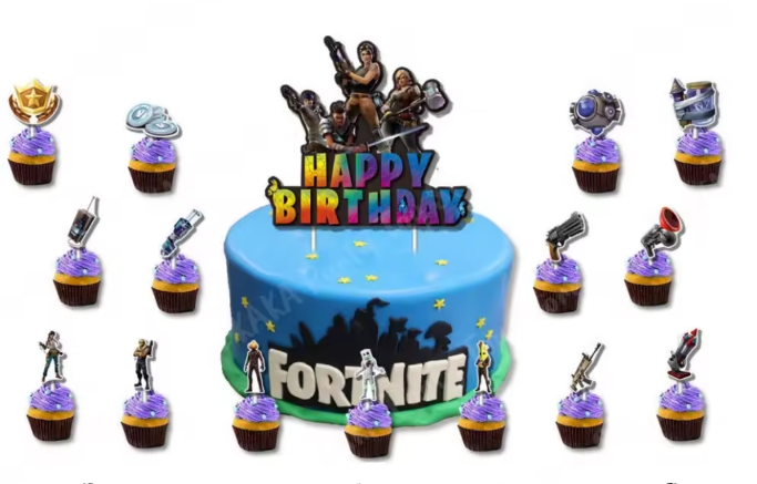 T-0471-Taart Decoratie Fortnite Taarttopper en Cupcake toppers set van 16 stuks