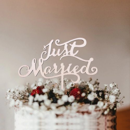 T-0474-Taart Decoratie - Bruiloft - Taarttopper - Just Married - Hout