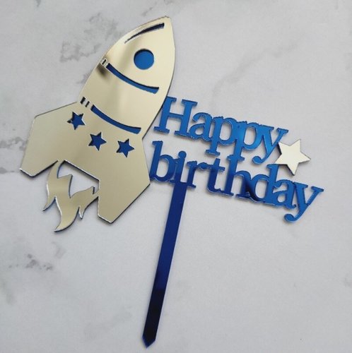 T-0488-Taart Decoratie - Happy Birthday - Ruimte - Taarttopper - Raket