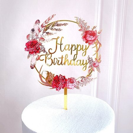 T-0516-Taart Decoratie - Verjaardag - Taarttopper - Happy Birthday - Goud - Bloemen