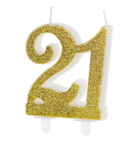 T-0523-PartyDeco Taartkaarsje Cijfer 21 Glitter Goud