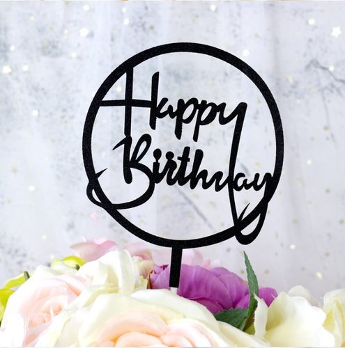T-0562-Taart Decoratie - Verjaardag - Taarttopper - Happy Birthday - Zwart - Sierlijk