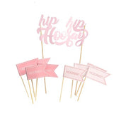 T-0570-Taart Decoratie - Hip Hip Hooray - Set - Roze - Prikkers - Vlaggetjes