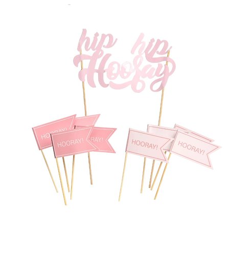 T-0570-Taart Decoratie - Hip Hip Hooray - Set - Roze - Prikkers - Vlaggetjes