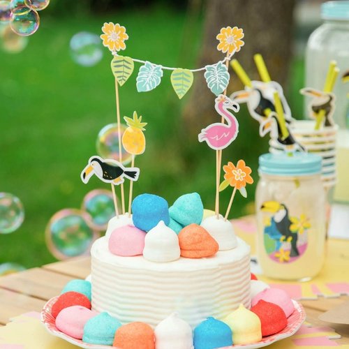 T-0571-Taart Decoratie - Tropisch - Set - Flamingo - Toekan - Ananas