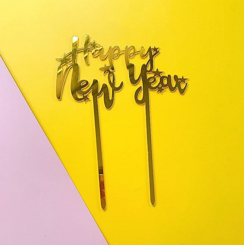 Taarttopper Happy New Year Sterren Groot – Goud Acryl