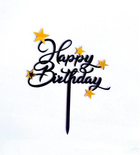 T-0591-Taart Decoratie - Happy Birthday - Taarttopper - Verjaardag - Sterren - Zwart - Goud