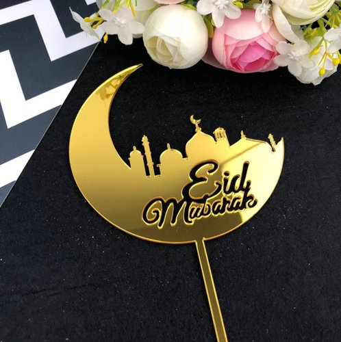 T-0593-Taart Decoratie - Eid Mubarak - Taarttopper - Goud - Maan - Moskee - Acryl
