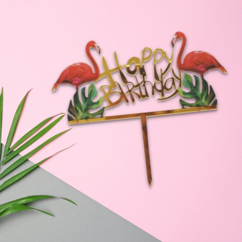 Taarttopper Happy Birthday Flamingo – Goud Acryl