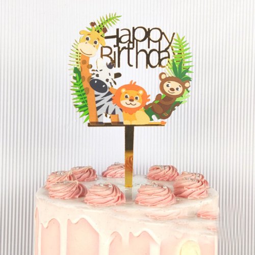 Taarttopper Happy Birthday Safari Dieren – Goud Acryl