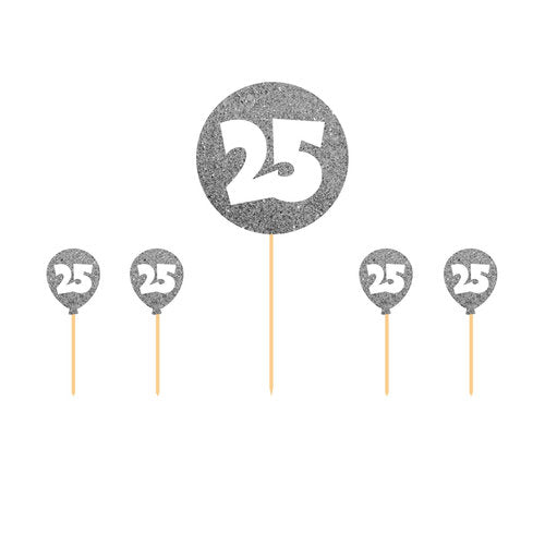 Taarttoppers 25 Ballonnen – Zilver Glitter