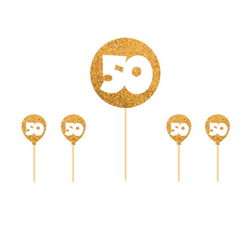 T-0639-Taart Decoratie 50 Ballon Set Jubileum Verjaardag Goud Glitter