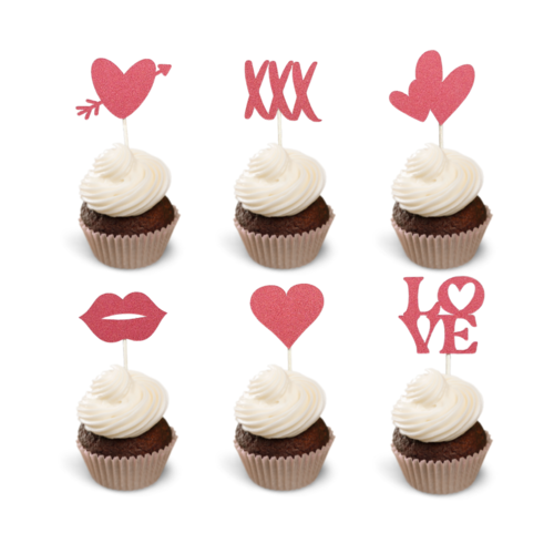 Cupcake Toppers Love Hartjes – Rood, 6 stuks