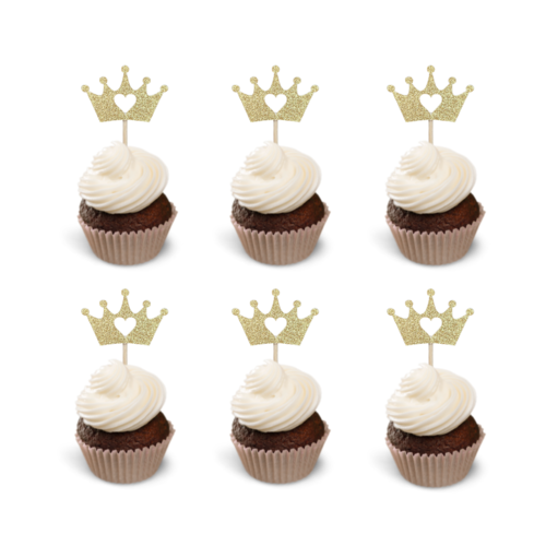 Cupcake Toppers Kroontje met Hartje – Goud, 6 stuks