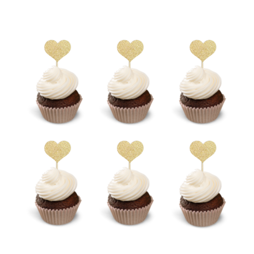 T-0681-Cupcake Decoratie Hartjes Goud Glitter 6 Stuks
