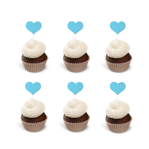 Cupcake Toppers Hartjes – Turquoise Glitter, 6 stuks
