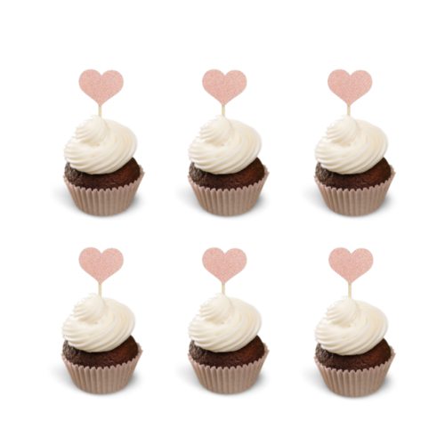 Cupcake Toppers Hartjes – Rosé Goud Glitter, 6 stuks