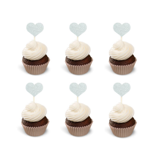 T-0684-Cupcake Decoratie Hartjes Zilver Glitter 6 Stuks